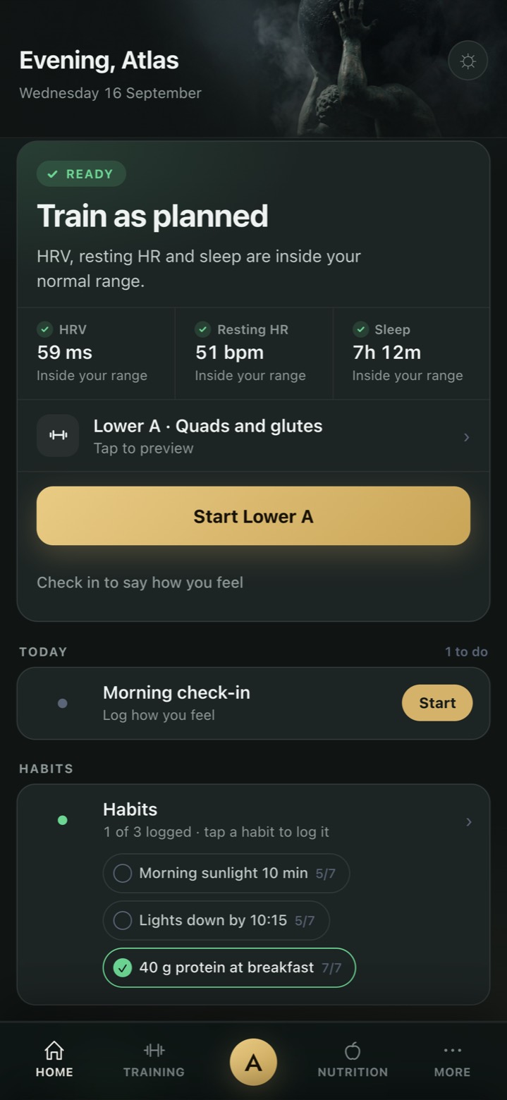 The Atlas app home screen: today's readiness card reading Ready, the session and habits